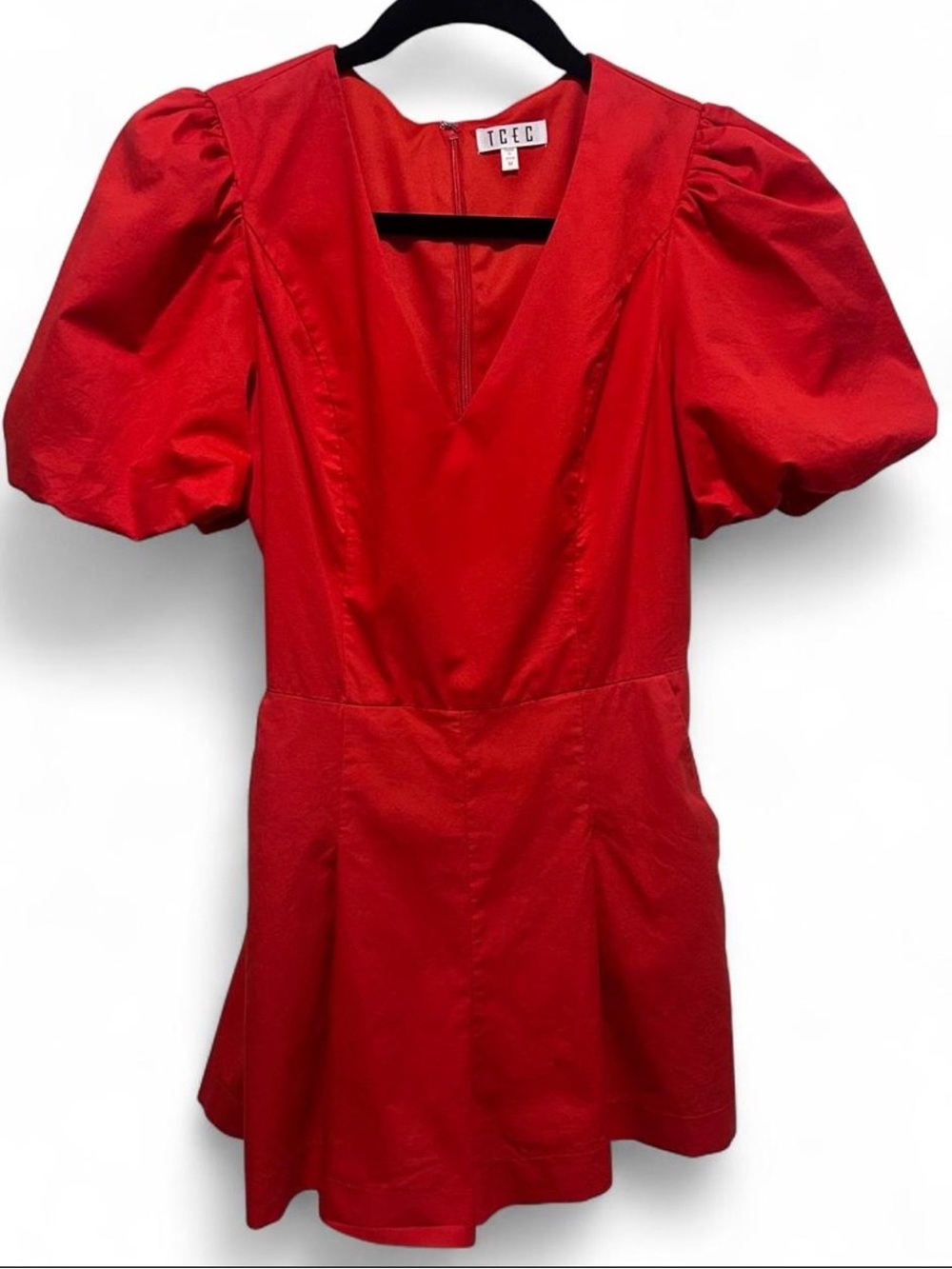 TCEC Bright Red V-Neck Puff Sleeve Shorts Romper